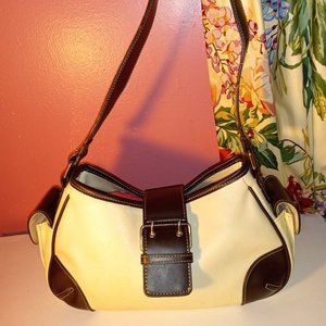 LIZ CLAIBORNE TAN DOUBLE-SIDED PURSE TRIMMED IN BROWN W/ SILVER HARDWARE